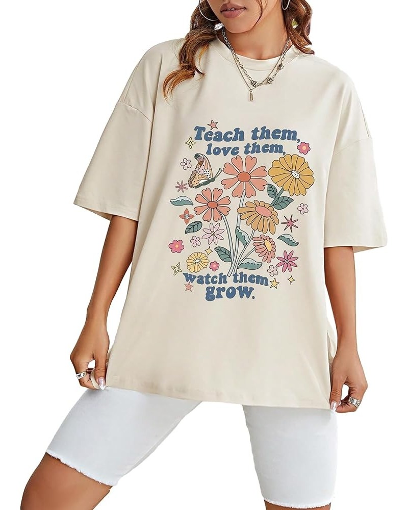 Women's Graphic Half Sleeve Drop Shoulder Crewneck Oversized T Shirt Tops Flower Slogan Beige $12.23 T-Shirts