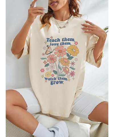 Women's Graphic Half Sleeve Drop Shoulder Crewneck Oversized T Shirt Tops Flower Slogan Beige $12.23 T-Shirts