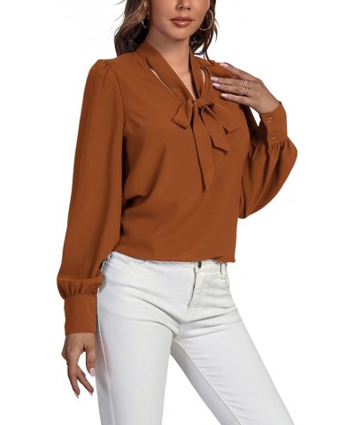 Women's Elegant Bow Tie Neck Long Sleeve Blouse Office Top Shirt Brown $18.87 Blouses