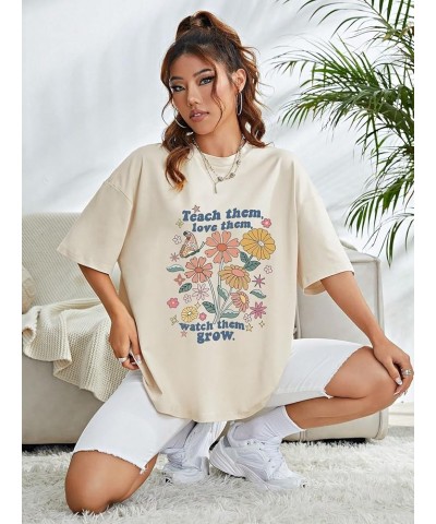 Women's Graphic Half Sleeve Drop Shoulder Crewneck Oversized T Shirt Tops Flower Slogan Beige $12.23 T-Shirts