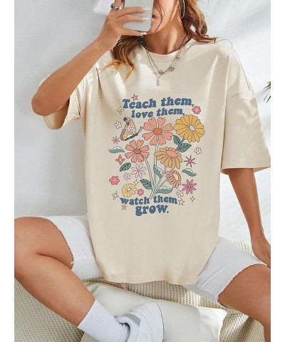 Women's Graphic Half Sleeve Drop Shoulder Crewneck Oversized T Shirt Tops Flower Slogan Beige $12.23 T-Shirts