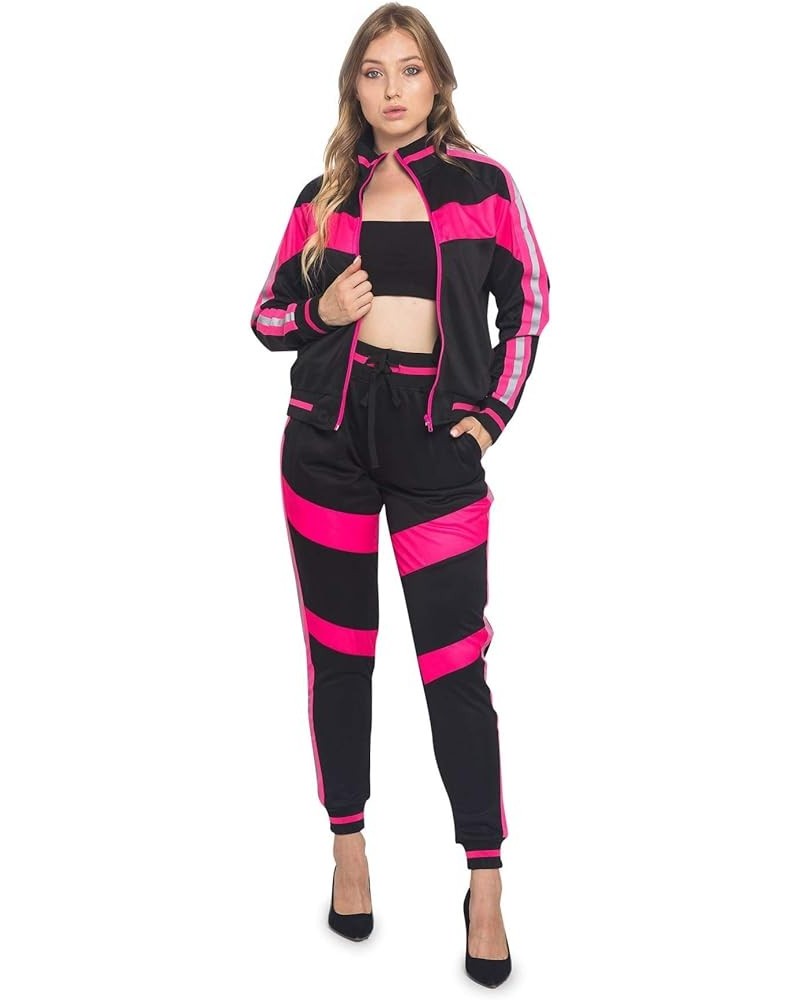 Women's 2 Piece Tracksuit Set - Long Sleeve Sweatshirts and Sweat Pants Reflective Neon Pink $31.87 Activewear