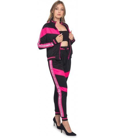 Women's 2 Piece Tracksuit Set - Long Sleeve Sweatshirts and Sweat Pants Reflective Neon Pink $31.87 Activewear