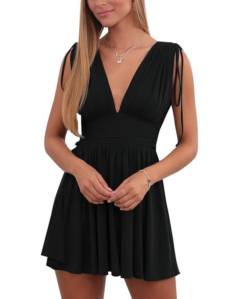 Women's Summer Dress Sleeveless Sexy Deep V Neck Ruched Swing Mini Dresses Tie Shoulder V Back Ruffle Hem Short Dress Black $...