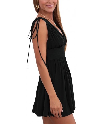 Women's Summer Dress Sleeveless Sexy Deep V Neck Ruched Swing Mini Dresses Tie Shoulder V Back Ruffle Hem Short Dress Black $...