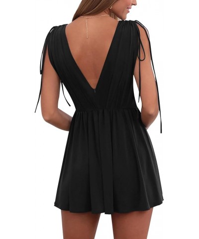 Women's Summer Dress Sleeveless Sexy Deep V Neck Ruched Swing Mini Dresses Tie Shoulder V Back Ruffle Hem Short Dress Black $...