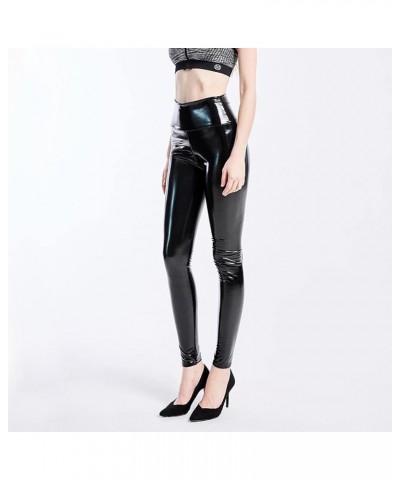 Shiny Black Holographic Leggings Wet Look PU Leather High Waist Skinny Pants Rave Festival Night Club Wear Glossy Black $13.2...