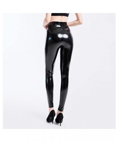 Shiny Black Holographic Leggings Wet Look PU Leather High Waist Skinny Pants Rave Festival Night Club Wear Glossy Black $13.2...