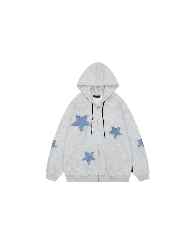 Preppy Patchwork Star Graphic Zip Up Hoodie Y2K Vintage Baggy hoodie for Women Men Grunge Jacket Harajuku Sweatshirt Grey $12...