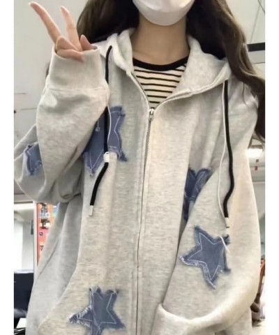 Preppy Patchwork Star Graphic Zip Up Hoodie Y2K Vintage Baggy hoodie for Women Men Grunge Jacket Harajuku Sweatshirt Grey $12...