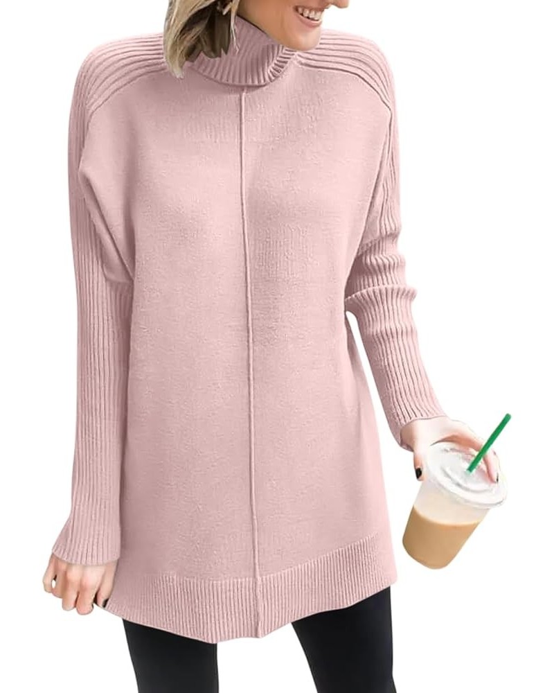 Women's Turtleneck Oversized Sweaters 2023 Trendy Long Sleeve Knit Split Hem Tunic Pullover Tops Pink $20.70 Sweaters