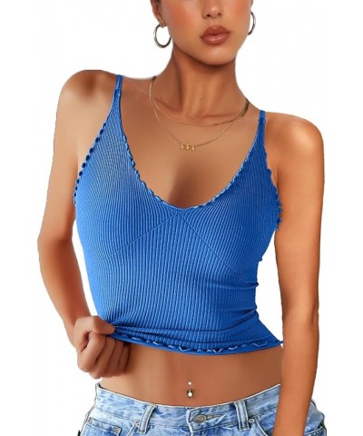 Women 3 Pack Ruffled V Neck Cropped Tops Workout Basic Ribbed Camisole Tank Tops One Piece-indigo Blue $11.00 Tanks