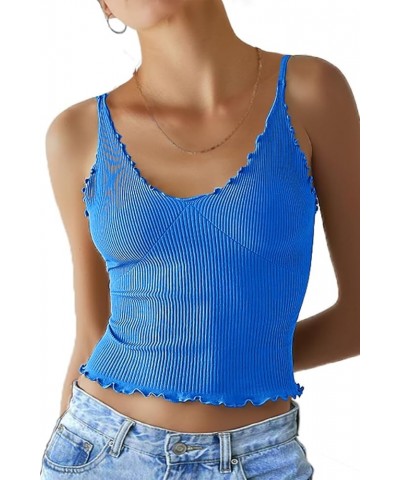 Women 3 Pack Ruffled V Neck Cropped Tops Workout Basic Ribbed Camisole Tank Tops One Piece-indigo Blue $11.00 Tanks