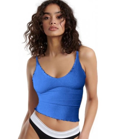 Women 3 Pack Ruffled V Neck Cropped Tops Workout Basic Ribbed Camisole Tank Tops One Piece-indigo Blue $11.00 Tanks