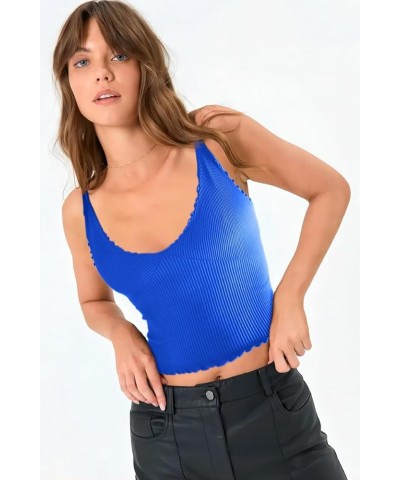 Women 3 Pack Ruffled V Neck Cropped Tops Workout Basic Ribbed Camisole Tank Tops One Piece-indigo Blue $11.00 Tanks