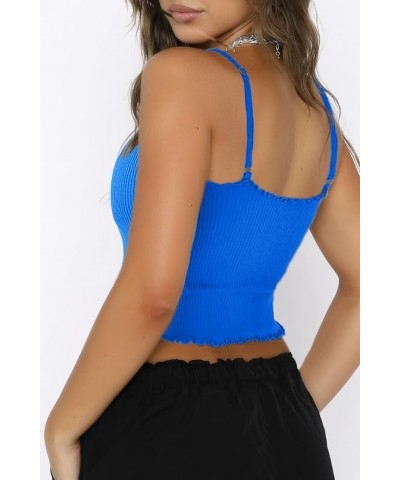 Women 3 Pack Ruffled V Neck Cropped Tops Workout Basic Ribbed Camisole Tank Tops One Piece-indigo Blue $11.00 Tanks