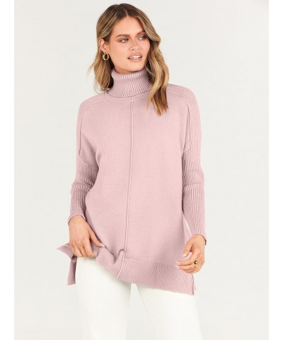 Women's Turtleneck Oversized Sweaters 2023 Trendy Long Sleeve Knit Split Hem Tunic Pullover Tops Pink $20.70 Sweaters