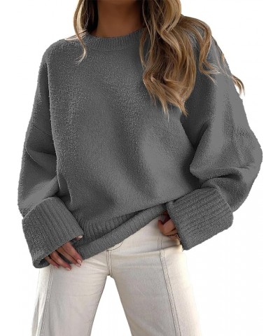 Women's Crewneck Long Sleeve Oversized Fuzzy Knit Chunky Warm Pullover Sweater Top Dark Gray $30.77 Sweaters