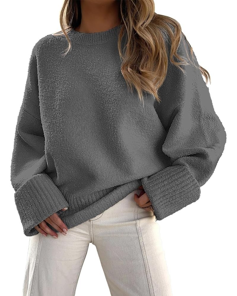 Women's Crewneck Long Sleeve Oversized Fuzzy Knit Chunky Warm Pullover Sweater Top Dark Gray $30.77 Sweaters