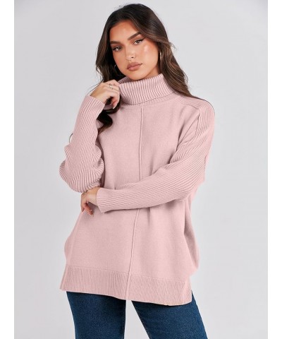 Women's Turtleneck Oversized Sweaters 2023 Trendy Long Sleeve Knit Split Hem Tunic Pullover Tops Pink $20.70 Sweaters