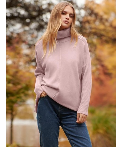 Women's Turtleneck Oversized Sweaters 2023 Trendy Long Sleeve Knit Split Hem Tunic Pullover Tops Pink $20.70 Sweaters