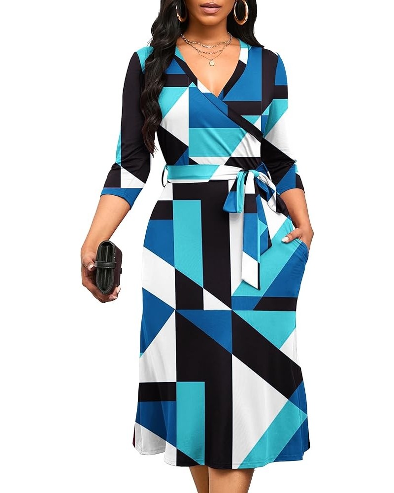 Women's Midi Dress,3/4 Sleeves V Neck Cocktail Party Dress Curvy Wrap Sexy Geometric Pattern Dresses with Belt B-blue Black G...