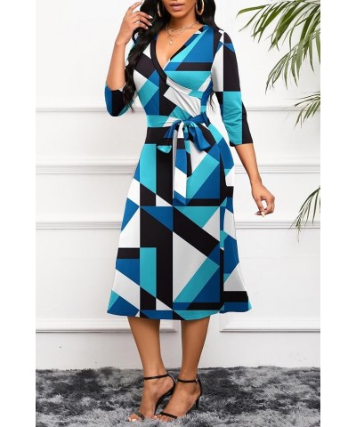 Women's Midi Dress,3/4 Sleeves V Neck Cocktail Party Dress Curvy Wrap Sexy Geometric Pattern Dresses with Belt B-blue Black G...