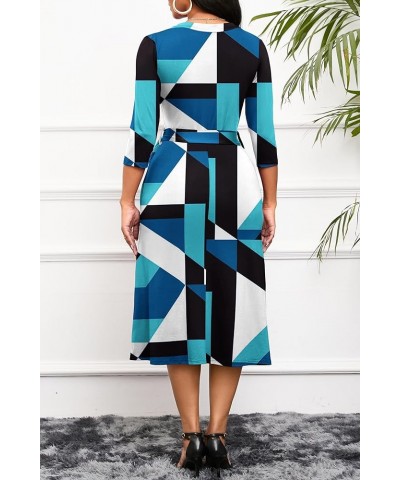 Women's Midi Dress,3/4 Sleeves V Neck Cocktail Party Dress Curvy Wrap Sexy Geometric Pattern Dresses with Belt B-blue Black G...