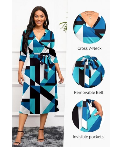 Women's Midi Dress,3/4 Sleeves V Neck Cocktail Party Dress Curvy Wrap Sexy Geometric Pattern Dresses with Belt B-blue Black G...