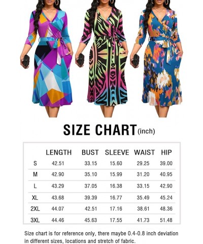 Women's Midi Dress,3/4 Sleeves V Neck Cocktail Party Dress Curvy Wrap Sexy Geometric Pattern Dresses with Belt B-blue Black G...