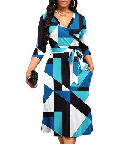 Women's Midi Dress,3/4 Sleeves V Neck Cocktail Party Dress Curvy Wrap Sexy Geometric Pattern Dresses with Belt B-blue Black G...