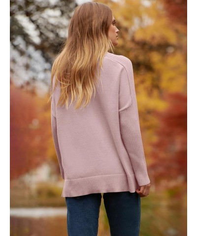 Women's Turtleneck Oversized Sweaters 2023 Trendy Long Sleeve Knit Split Hem Tunic Pullover Tops Pink $20.70 Sweaters