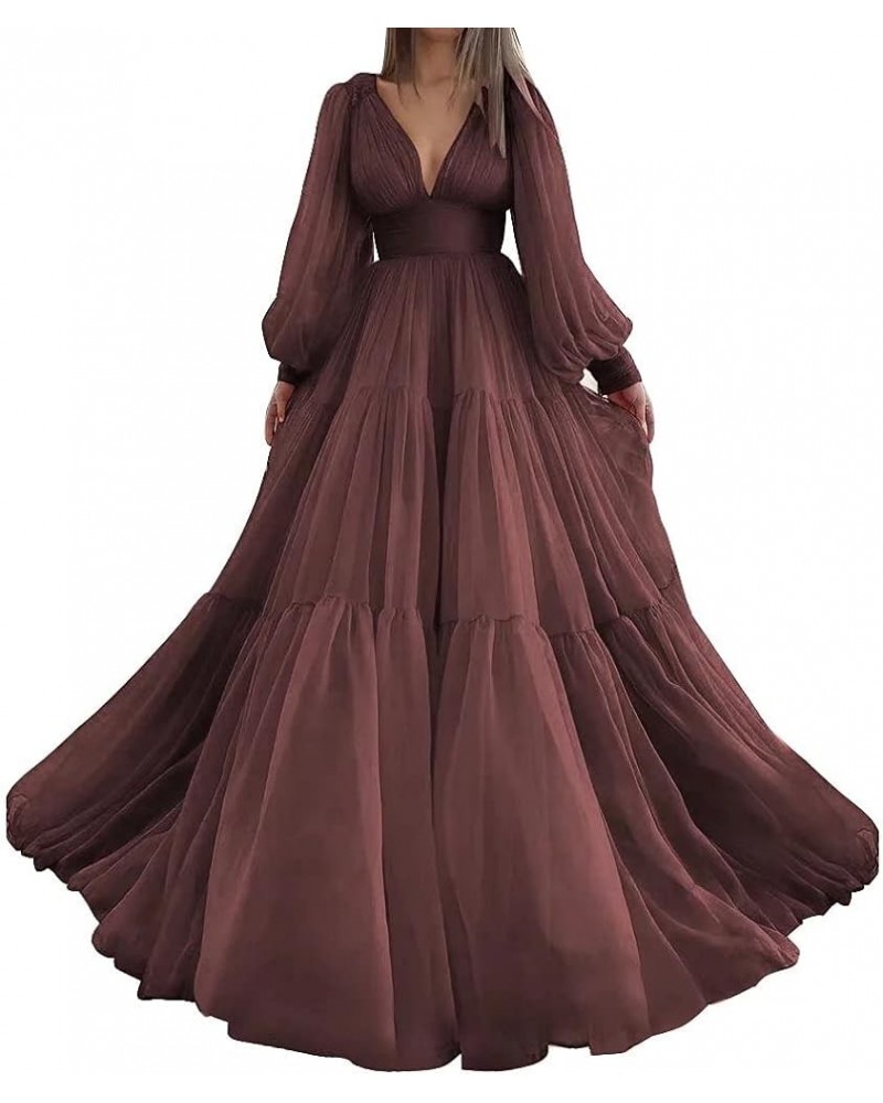 Long Puffy Sleeve Prom Dress Tulle Ball Gown for Women Wedding Dresses V Neck Formal Evening Gowns Burgundy $37.80 Dresses