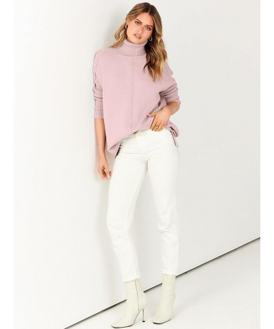 Women's Turtleneck Oversized Sweaters 2023 Trendy Long Sleeve Knit Split Hem Tunic Pullover Tops Pink $20.70 Sweaters