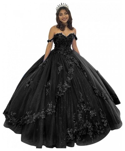 Tulle Quinceanera Dresses Ball Gown Lace Appliques Puffy Off Shoulder Long Princess Prom Dress for Women Black $64.19 Dresses