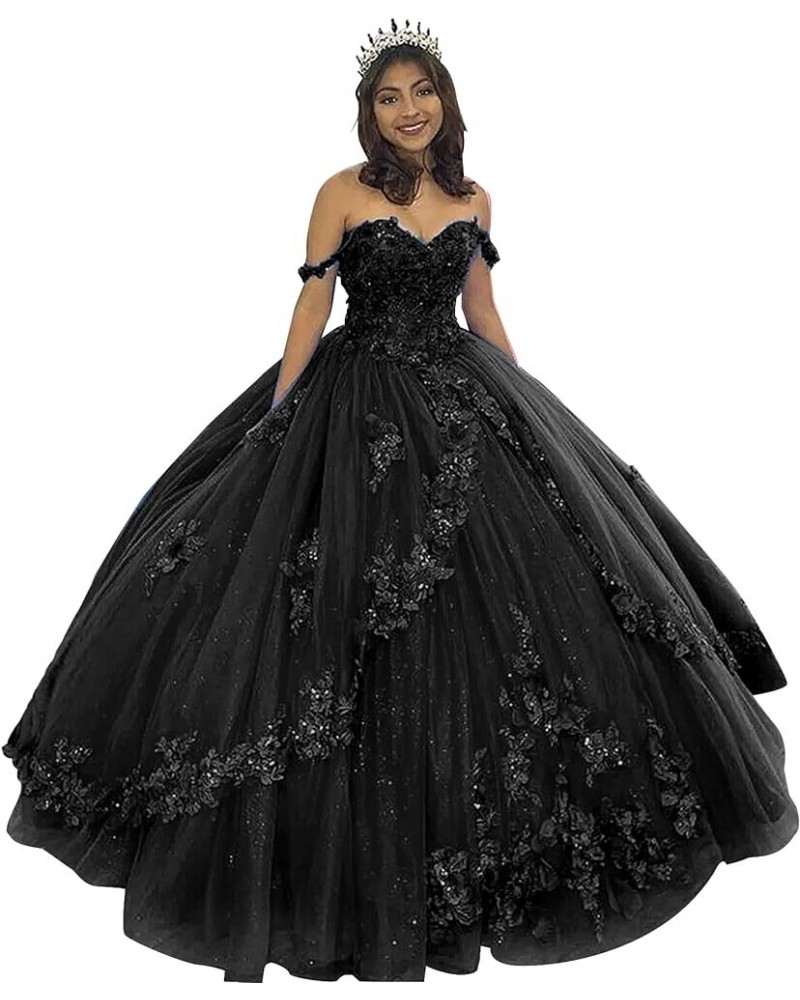 Tulle Quinceanera Dresses Ball Gown Lace Appliques Puffy Off Shoulder Long Princess Prom Dress for Women Black $64.19 Dresses