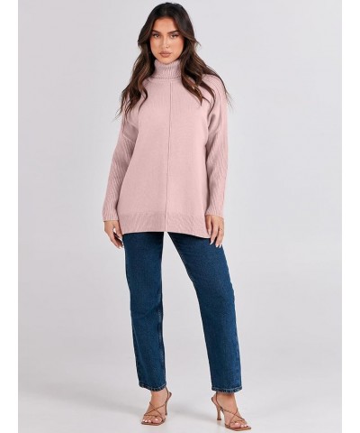 Women's Turtleneck Oversized Sweaters 2023 Trendy Long Sleeve Knit Split Hem Tunic Pullover Tops Pink $20.70 Sweaters