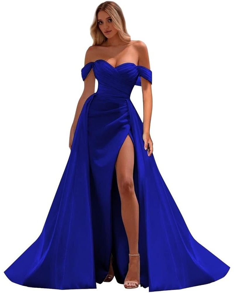 Off Shoulder Prom Dresses Long with Train for Women Formal Dress Wrap Satin Ruched Evening Gowns with Slit HGR11 Royal Blue $...