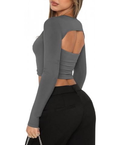 Y2k Skinny Long Sleeve Backless Crop Tops Square Neck Bodycon Shirts Cut Out Pullover Cami Streetwear Youthz Z Backless Dark ...