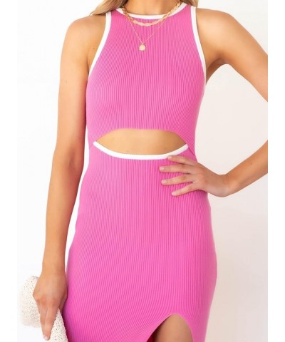 Womens Cutout Bodycon Dress Sleeveless Crew Neck Slim Ribbed Knit Midi Dresses with Side Slit Rose Red and White $23.00 Dresses