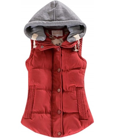 Women's Winter Solid Color Puffer Vest Quilted Padded Down Vest with Removable Hooded Plus Size Wine Red $21.45 Jackets