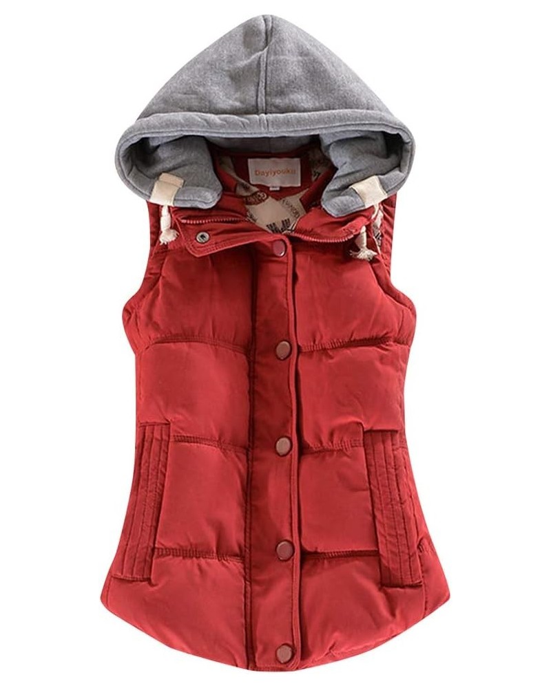 Women's Winter Solid Color Puffer Vest Quilted Padded Down Vest with Removable Hooded Plus Size Wine Red $21.45 Jackets