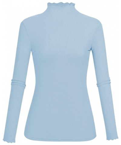 Lightweight Ruffle Mock Neck Tops Ribbed Lettuce Trim Soft Base Layer for Women Light Blue $9.51 Underwear