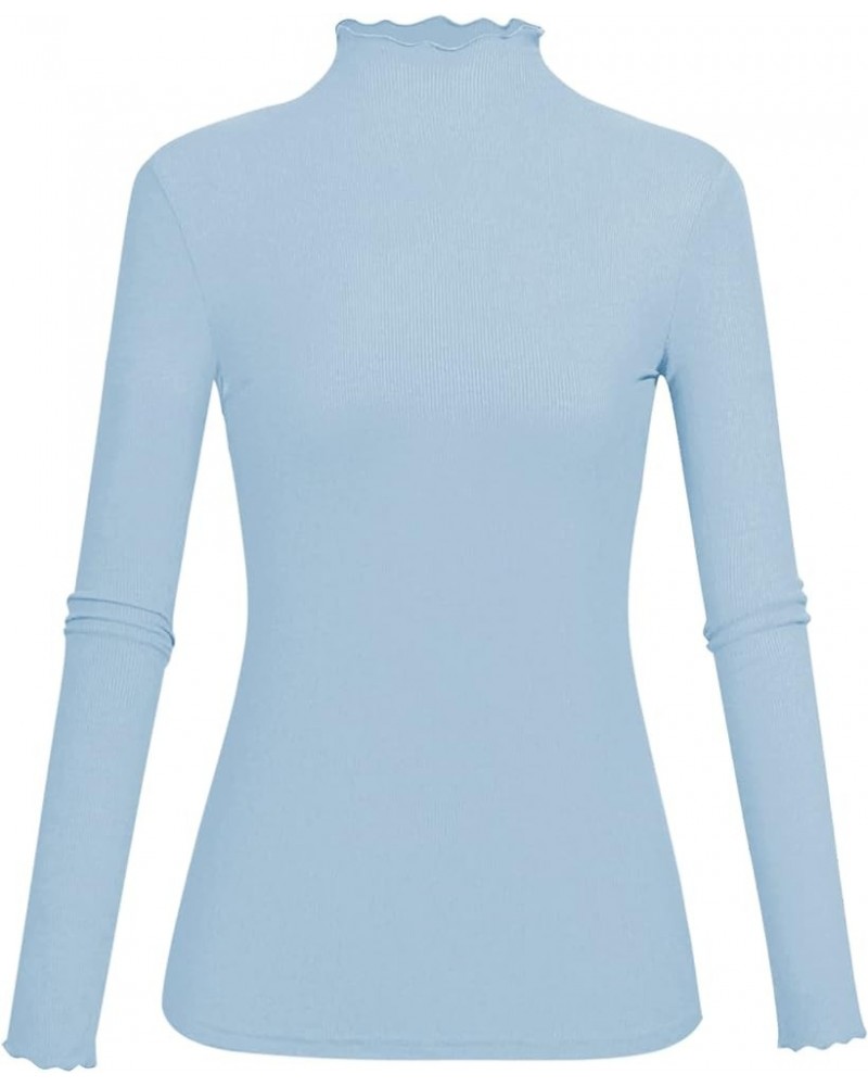 Lightweight Ruffle Mock Neck Tops Ribbed Lettuce Trim Soft Base Layer for Women Light Blue $9.51 Underwear