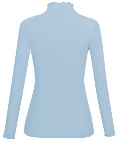 Lightweight Ruffle Mock Neck Tops Ribbed Lettuce Trim Soft Base Layer for Women Light Blue $9.51 Underwear