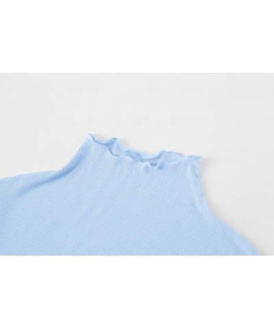 Lightweight Ruffle Mock Neck Tops Ribbed Lettuce Trim Soft Base Layer for Women Light Blue $9.51 Underwear