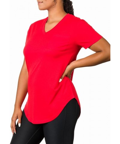 Plus Size Womens V Neck Collar T Shirt | Summer Top with Chest Pocket Solid Red $8.99 Tops