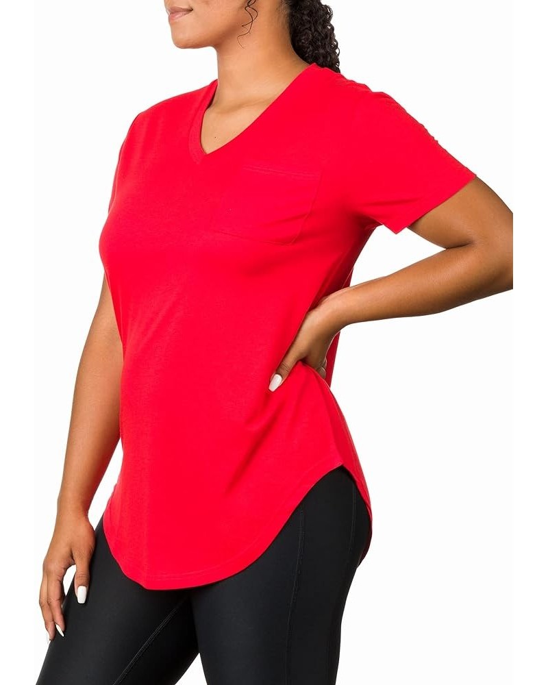 Plus Size Womens V Neck Collar T Shirt | Summer Top with Chest Pocket Solid Red $8.99 Tops