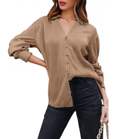 Women Elegant Blouse Long Sleeve Plisse Button Down Shirt Women Clothes Fashion Brown $16.31 Blouses