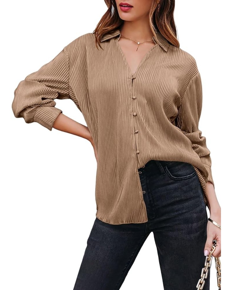 Women Elegant Blouse Long Sleeve Plisse Button Down Shirt Women Clothes Fashion Brown $16.31 Blouses